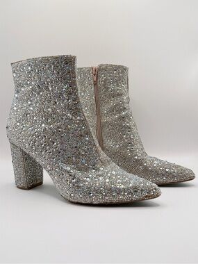 Betsey Johnson Cady Rhinestone Ankle Boots Silver Crystal Booties Sparkling